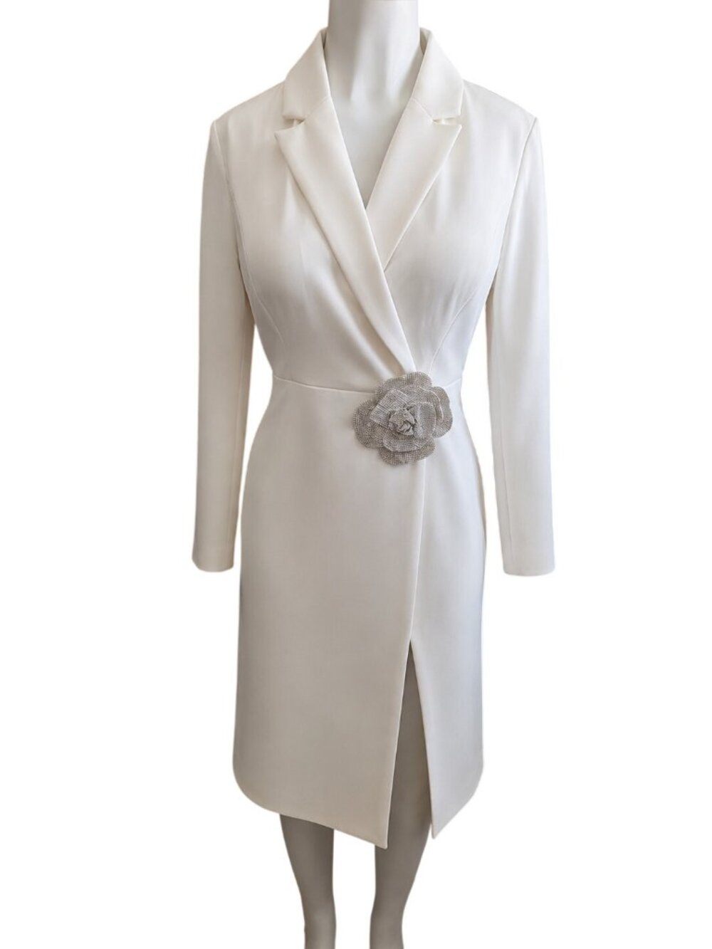White Long Sleeve Blazer Dress With Rhinestone Flower Accent Front Slit Size 12